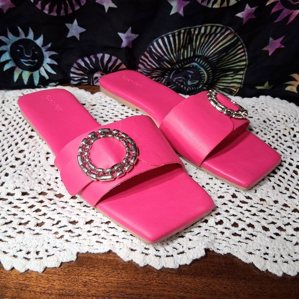 Open Edit Lely Slides Sandals Pink Silver Buckle Square Toe Size 9 Flip Flops - Picture 3 of 13